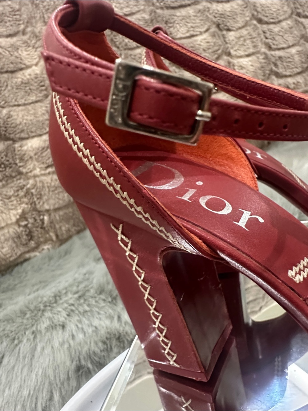 RARE DIOR C D logo Red T-Strap Block Heel dress shoes with white stitching 4’ - Picture 5 of 14